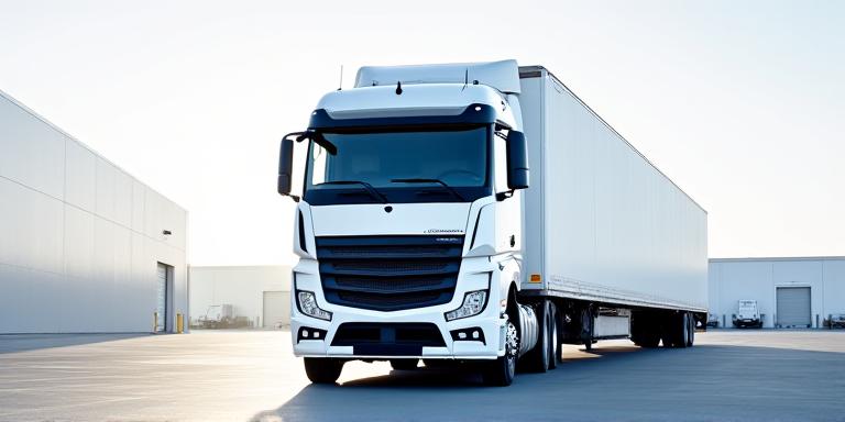 A modern semi-truck moving at sunset