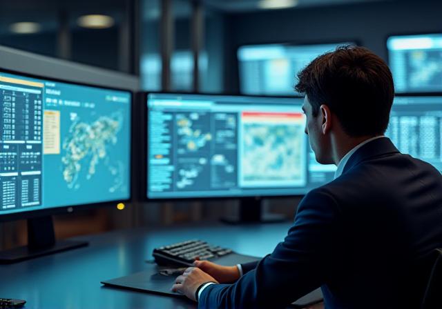 Modern logistics dispatch center with screens tracking trucks